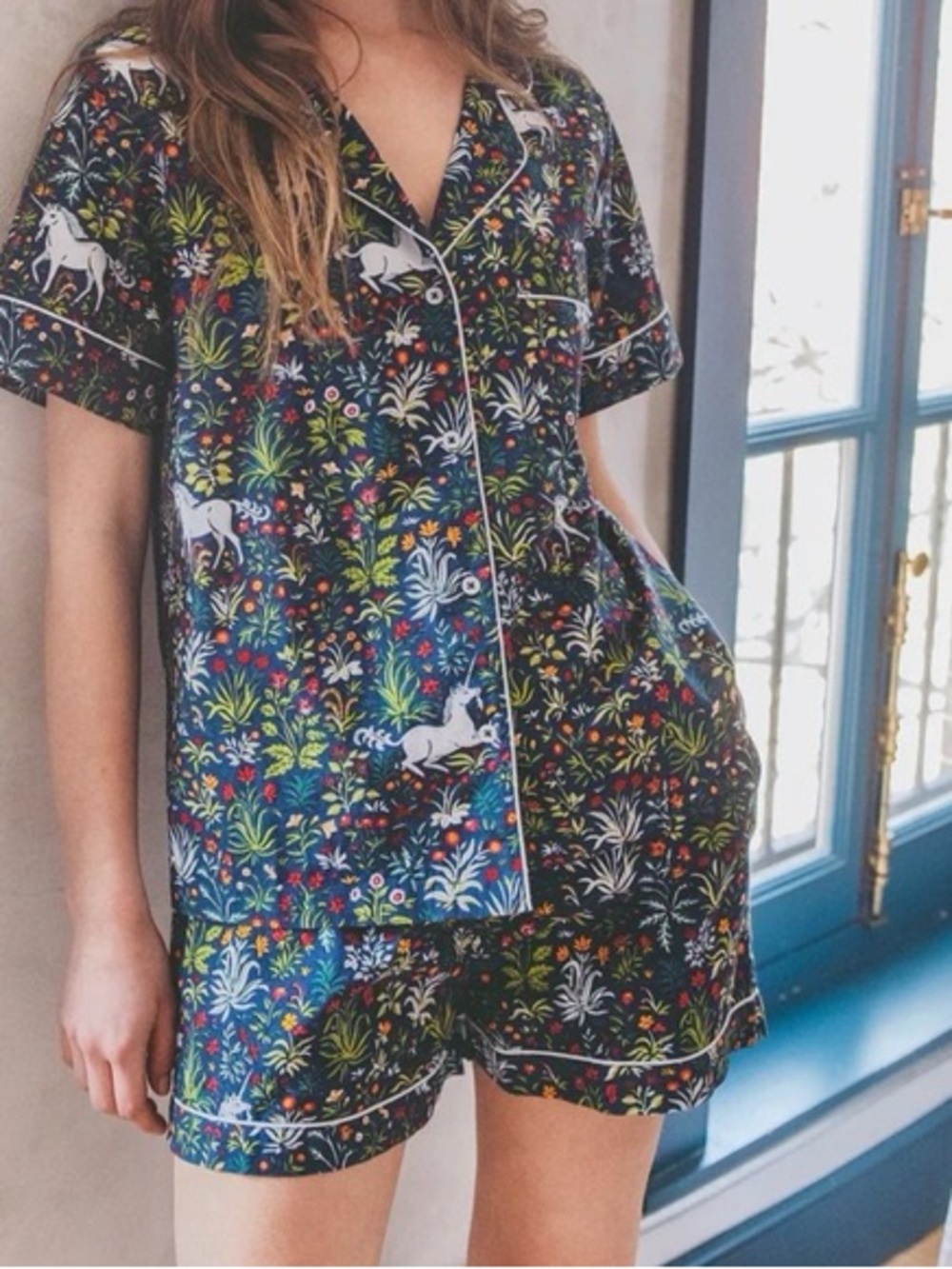 Printfresh Navy Floral Unicorn Short Pajama Set